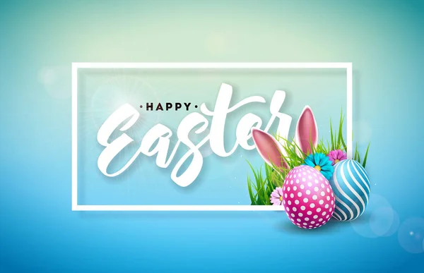 Vectorillustratie van vrolijk Pasen vakantie met beschilderde ei, oren van het konijn en voorjaar bloem op glanzende blauwe achtergrond. Viering van de internationale Design met typografie voor wenskaart, partij — Stockvector