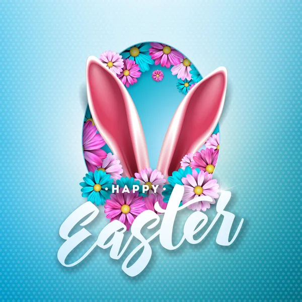 Happy Easter Holiday Design con flor de primavera en silueta de huevo sobre fondo azul claro. Ilustración vectorial de diseño de celebración internacional con tipografía Carta para tarjeta de felicitación, fiesta — Vector de stock