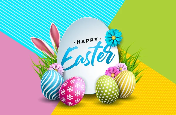 Vectorillustratie van vrolijk Pasen vakantie met beschilderde ei, oren van het konijn en Spring Flower op kleurrijke achtergrond. Viering van de internationale Design met typografie voor wenskaart, uitnodiging voor feestje — Stockvector