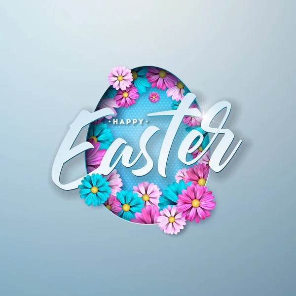 Frohe Ostern Illustration mit bunten Blumen und Papier schneiden Ei Symbol auf glänzend blauem Hintergrund. Vektor-Design für internationale Feiertage mit Typografie für Grußkarte, Party — Stockvektor