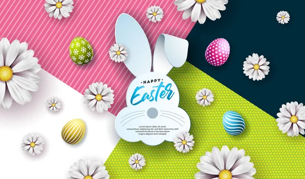 Illustration vectorielle de joyeuses vacances de Pâques avec oeuf peint, oreilles de lapin et fleur de printemps sur fond coloré. Design de célébration internationale avec typographie pour carte de vœux, invitation de fête — Image vectorielle