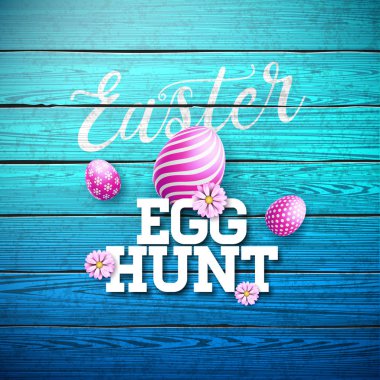 Easter Egg Hunt illüstrasyon çiçek ve Vintage ahşap zemin üzerine boyalı yumurta ile. Vektör uluslararası tatil tebrik kartı, kutlama tasarım tipografi ile parti daveti veya promosyon afiş