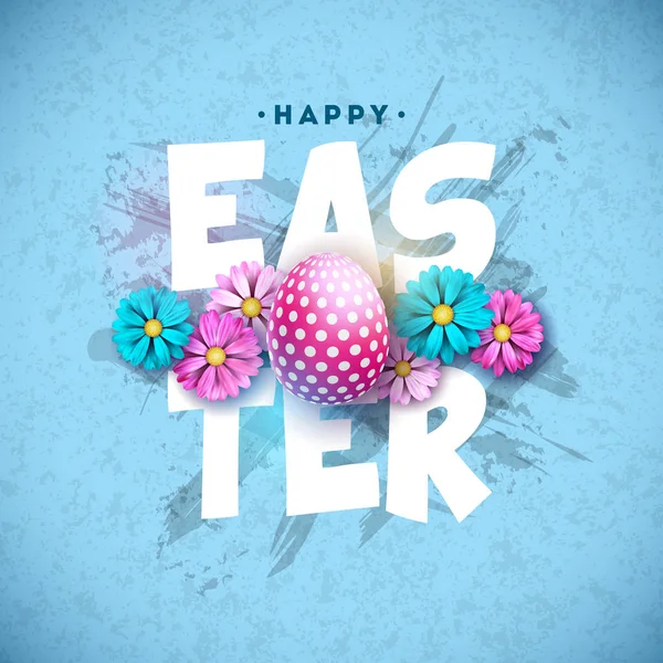 Frohe Osterferien Design mit bemalten Ei und Frühlingsblume auf blauem Hintergrund. Vektor Internationale Feiertagsillustration mit Typografie für Grußkarte, Party-Einladung oder Promo — Stockvektor