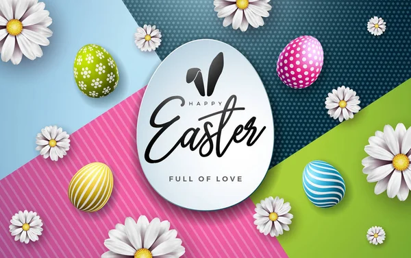 Boyalı yumurta ve renkli arka plan bahar çiçek ile mutlu Paskalya tatil vektör Illustration. Tebrik kartı, Parti Davetiyesi veya Promo için tipografi ile uluslararası kutlama tasarım — Stok Vektör