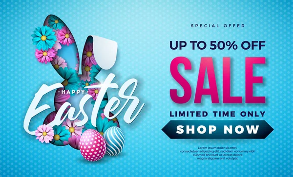 Easter Sale Illustration with Color Painted Egg, Spring Flower and Rabbit Ears on Blue Background. Vector Holiday Design Template for Coupon, Banner, Voucher or Promotional Poster. — Stock Vector