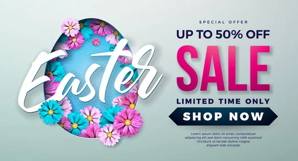 Easter Sale Illustration with Spring Flower and Typography Element on Grey Background (dalam bahasa Inggris). Templat Desain Vektor Holiday untuk Poster Kupon, Banner, Voucher, atau Promosi . - Stok Vektor