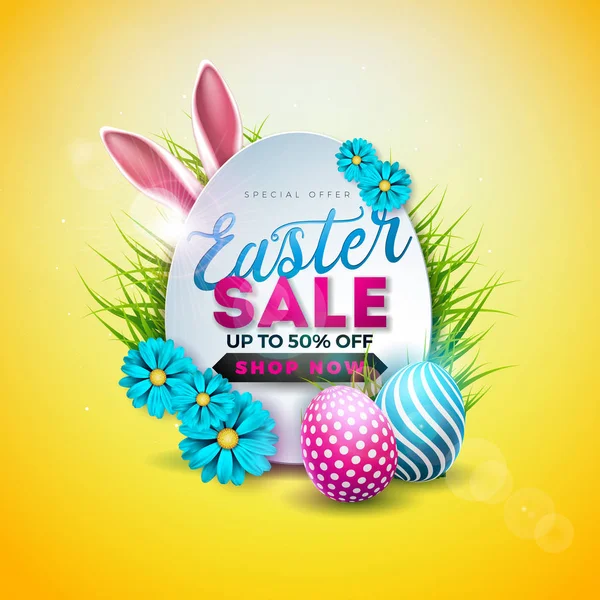 Velikonoční prodej obrázek barvou malované vejce, Jarní květina a králičí uši na žlutém podkladu. Šablona návrhu vektorové Holiday pro kupón, Banner, doklad nebo propagační plakát. — Stockový vektor
