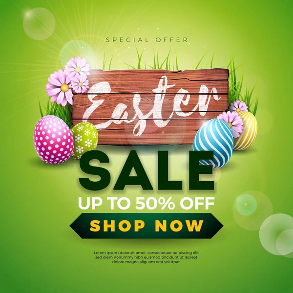 Easter Sale Illustration with Color Painted Egg and Spring Flower on Vintage Wood Background. Vector Holiday Design Template for Coupon, Banner, Voucher or Promotional Poster. — Stock Vector