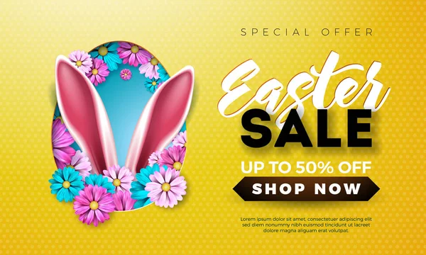 Ilustración de venta de Pascua con flor de primavera y orejas de conejo sobre fondo amarillo. Plantilla de diseño de vacaciones vectorial para cupón, pancarta, cupón o póster promocional . — Vector de stock