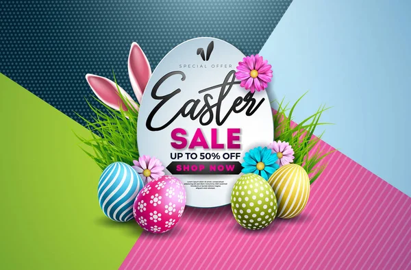 Easter Sale Illustration with Color Painted Egg, Spring Flower and Typography Element on Abstract Background. Vector Holiday Design Template for Coupon, Banner, Voucher or Promotional Poster.
