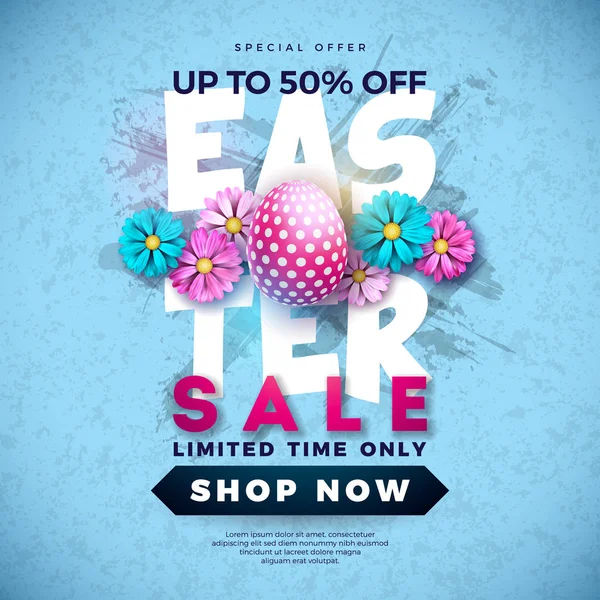 Easter Sale Illustration with Color Painted Egg and Spring Flower on Grunge background. Шаблон векторного дизайна для купона, баннера, ваучера или рекламного плаката . — стоковый вектор