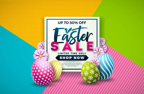 Húsvéti eladó illusztráció színnel festett tojás és a tavaszi virág színes háttér előtt. Vektor Holiday Design sablon szelvény, Banner, bizonylat vagy népszerűsítő plakát. — Stock Vector