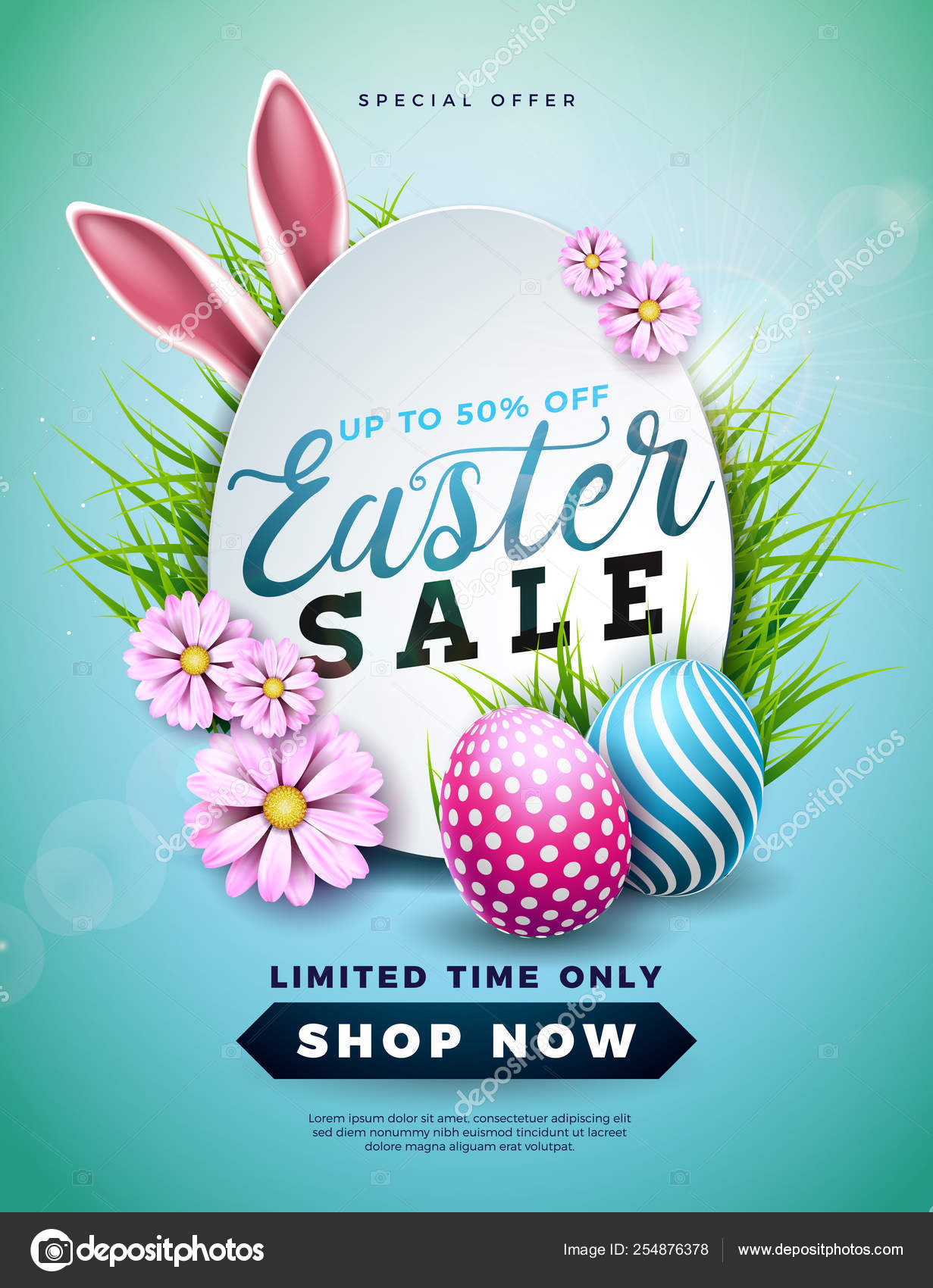 Easter Sale Illustration with Color Painted Egg, Spring Flower and