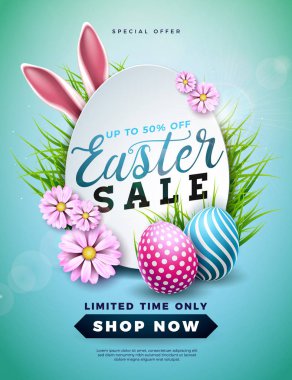 Easter Sale Illustration with Color Painted Egg, Spring Flower and Rabbit Ears on Blue Background. Vector Holiday Design Template for Coupon, Banner, Voucher or Promotional Poster. clipart