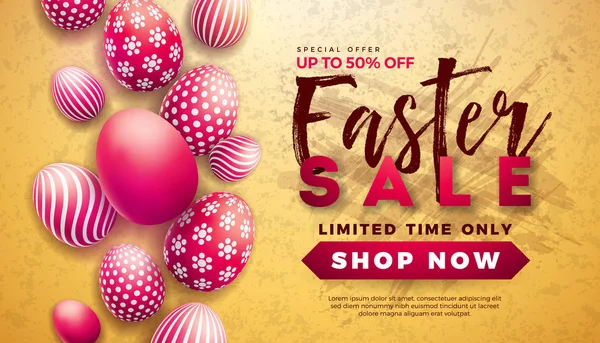 Easter Sale Illustration with Red Painted Egg on Yellow Background (dalam bahasa Inggris). Templat Desain Vektor Holiday untuk Poster Kupon, Banner, Voucher, atau Promosi . - Stok Vektor