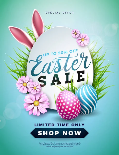 Ilustración de venta de Pascua con huevo pintado a color, flor de primavera y orejas de conejo sobre fondo azul. Plantilla de diseño de vacaciones vectorial para cupón, pancarta, cupón o póster promocional . — Vector de stock