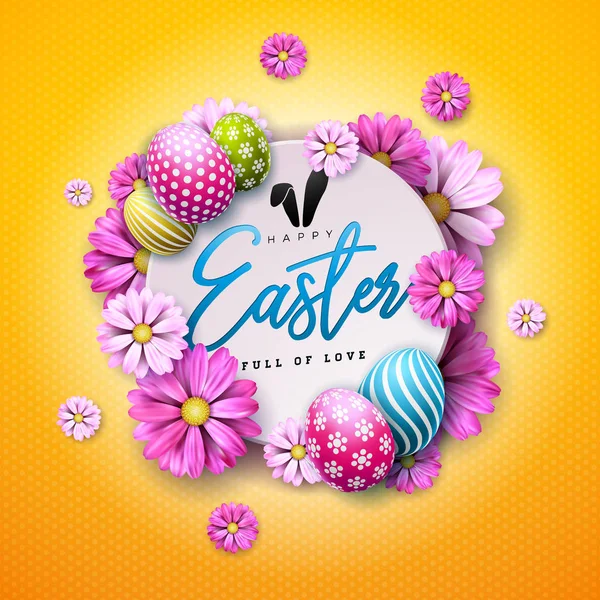 Happy Easter Holiday Design com ovo pintado e flor de primavera no fundo amarelo. Ilustração Internacional de Celebração de Vetores com Tipografia para Cartão de Saudação, Convite de Festa ou Banner Promocional . — Vetor de Stock