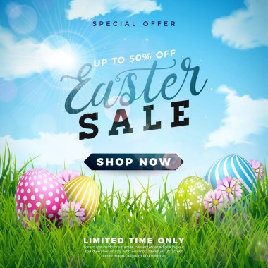 Easter Sale Illustration with Color Painted Egg and Spring Flower on Cloudy Sky Background. Vector Holiday Design Template for Coupon, Banner, Voucher or Promotional Poster. clipart