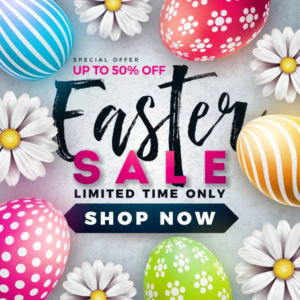 Easter Sale Illustration with Color Painted Egg and Spring Flower on White Background (dalam bahasa Inggris). Templat Desain Vektor Holiday untuk Poster Kupon, Banner, Voucher, atau Promosi . - Stok Vektor