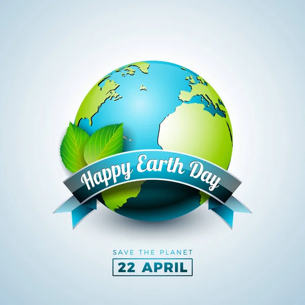 Illustration du Jour de la Terre avec Planète et Feuille Verte. Carte du monde arrière-plan le 22 avril concept d'environnement. Conception vectorielle pour bannière, affiche ou carte de vœux . — Image vectorielle