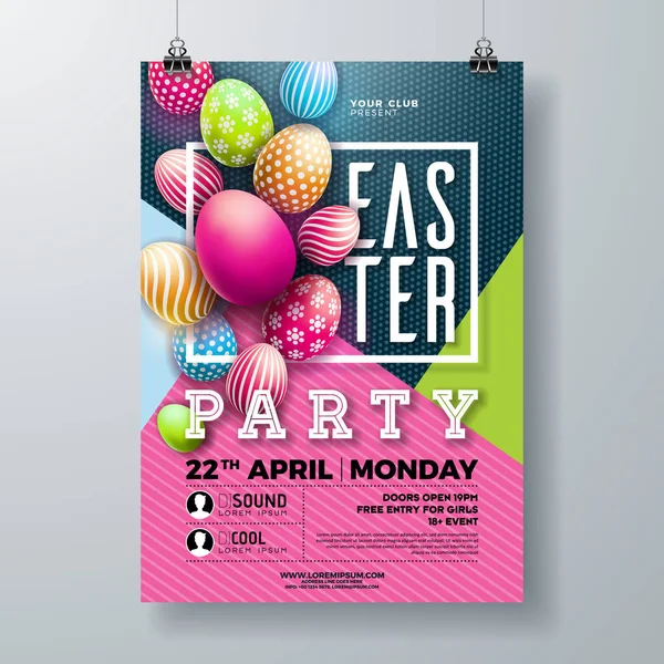 Vector Easter Party Flyer Illustration with painted eggs, spring flower and typography elements on nature blue background. Spring holiday celebration poster design template. — Stock Vector