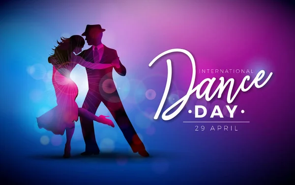 International Dance Day Vector Illustration with tango dancing couple on purple background. Design template for banner, flyer, invitation, brochure, poster or greeting card. — Stock Vector