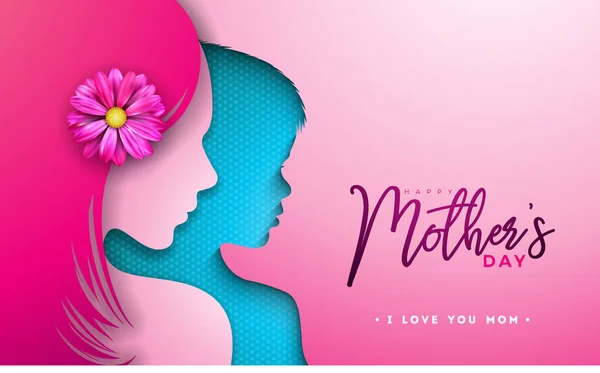 Happy Mothers Day Design de carte de voeux avec silhouette visage femme et enfant sur fond rose. Modèle d'illustration de célébration vectorielle avec lettre de typographie pour bannière, flyer, invitation, brochure — Image vectorielle