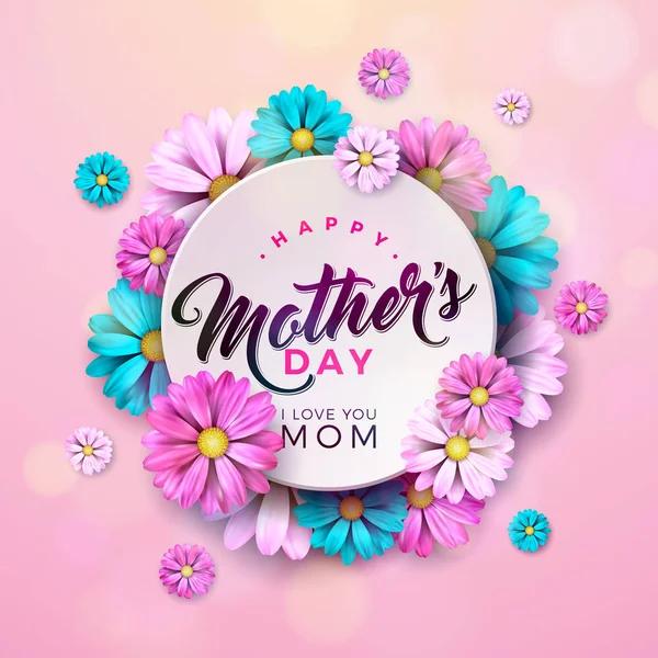 Happy Mothers Day Biglietto di auguri con elementi floreali e tipografici su sfondo rosa. Festeggiamenti vettoriali Modello illustrativo per banner, volantino, invito, brochure, poster. — Vettoriale Stock