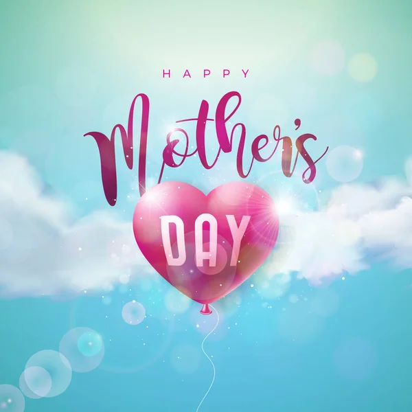 Happy Mothers Day wenskaart ontwerp met lucht ballon hart en typografie brief op blauwe bewolkte hemel achtergrond. Vector viering illustratie sjabloon voor banner, flyer, uitnodiging, brochure — Stockvector