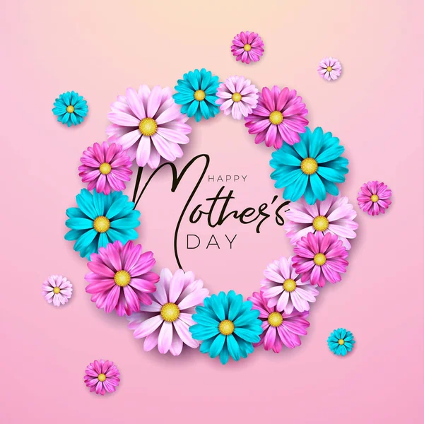 Happy Mothers Day Biglietto di auguri con lettera di fiori e tipografia su sfondo rosa. Festeggiamenti vettoriali Modello illustrativo per banner, volantino, invito, brochure, poster . — Vettoriale Stock