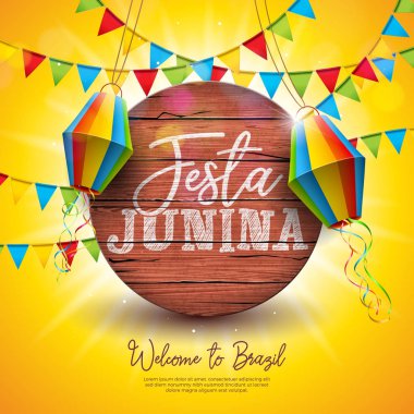 Parti Bayrakları ve Sarı Fenerli Festa Junina Illustration. Vektör Brezilya Haziran Festivali Kutlama Kartı, Davetiye veya Tatil Posteri Tasarımı.