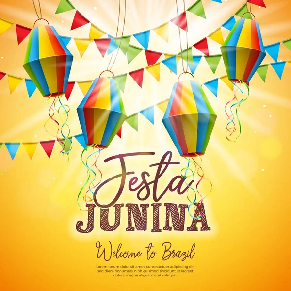 Ilustración de Festa Junina con banderas de fiesta y linterna de papel sobre fondo amarillo. Vector Brasil Festival de junio Diseño para tarjeta de felicitación, invitación o cartel de vacaciones. — Archivo Imágenes Vectoriales