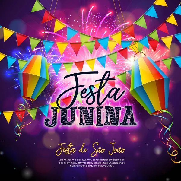 Ilustración de Festa Junina con banderas y linterna de papel sobre fondo de fuegos artificiales. Vector Brasil Junio Festival Diseño para Invitación o Celebración Navideña Cartel . — Archivo Imágenes Vectoriales