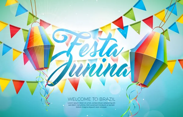Festa Junina Εικονογράφηση με σημαίες Κόμμα και φανάρι χαρτί σε μπλε φόντο. Διάνυσμα Βραζιλία Ιούνιος Φεστιβάλ Σχεδιασμός για ευχετήρια κάρτα, πρόσκληση ή αφίσα διακοπών. — Διανυσματικό Αρχείο