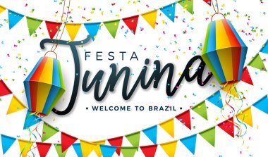 Festa Junina illüstrasyon parti bayrakları ve Almadıysan beyaz arka plan ile. Vektör Brezilya June Festivali tasarımı tebrik kartı, davet veya tatil Poster.