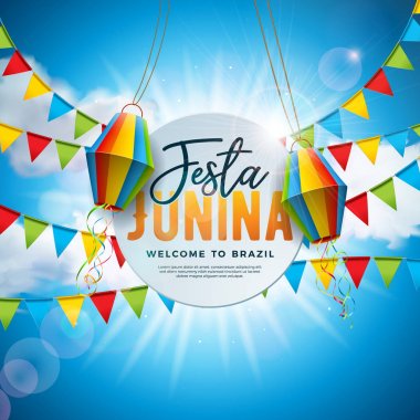 Parti Bayrakları ve Mavi Bulutlu Gökyüzü Arkaplanı Üzerine Kağıt Fenerli Festa Junina Illustration. Vektör Brezilya Haziran Festivali Kutlama Kartı, Davetiye veya Tatil Posteri Tasarımı.