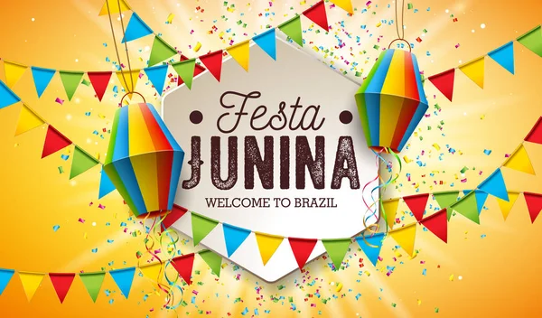 Ilustración de Festa Junina con banderas de fiesta y linterna de papel sobre fondo amarillo. Vector Brasil Festival de junio Diseño para tarjeta de felicitación, invitación o cartel de vacaciones. — Archivo Imágenes Vectoriales