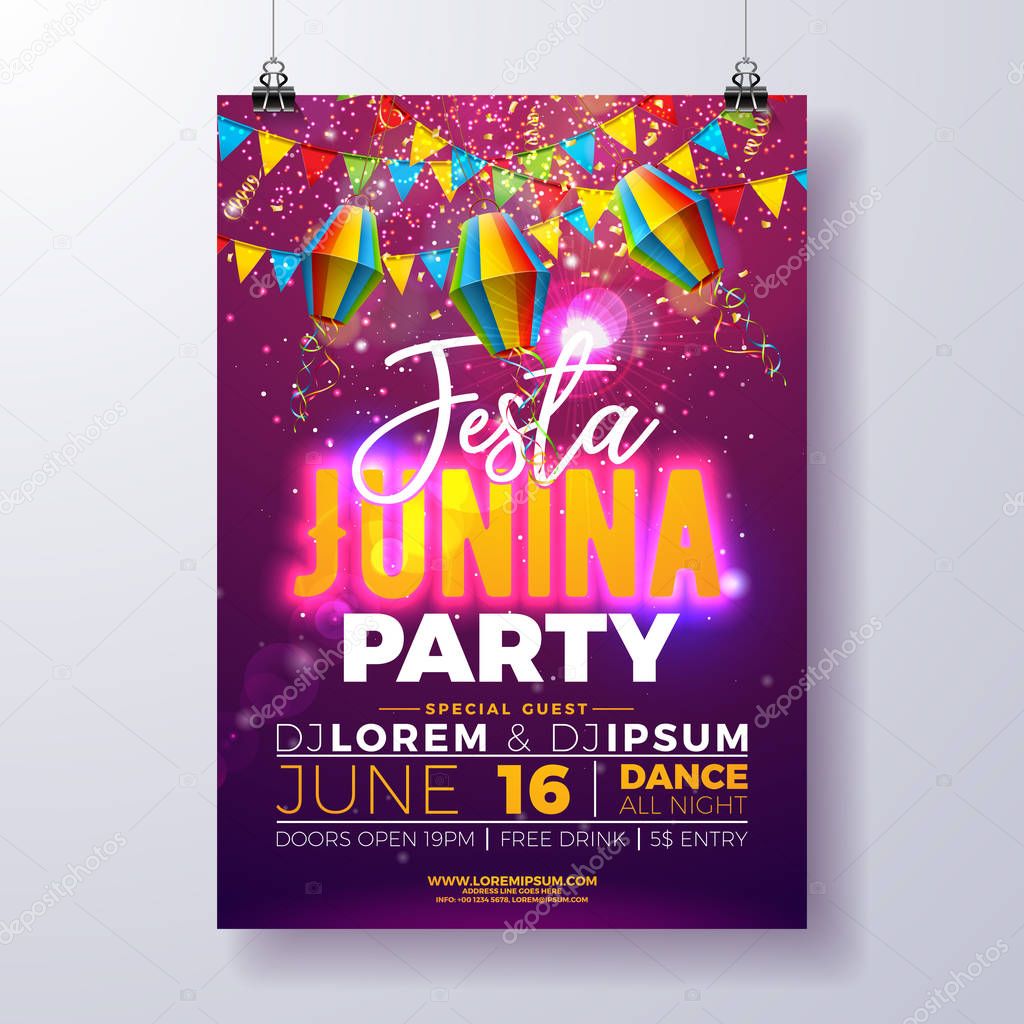 Festa Junina Party Flyer Design with Flags, Paper Lantern and Typography Design on Shiny Purple Background. Vector Traditional Brazil June Festival Illustration for Invitation or Holiday Celebration