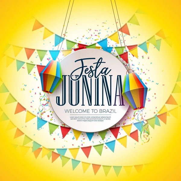 Diseño del Festival Festa Junina con banderas de fiesta y linterna de papel sobre fondo colorido de confeti. Vector tradicional Brasil Junio Celebración Ilustración para tarjeta de felicitación, invitación o cartel de vacaciones — Archivo Imágenes Vectoriales