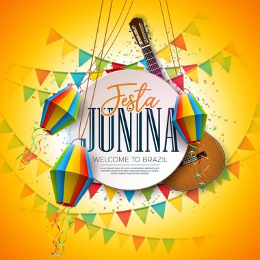 Festa Junina İllüstrasyon Akustik Gitar, Parti Bayrakları ve Kağıt Fener Sarı Arka Plan ile. Vintage Ahşap Tablo üzerinde Tipografi. Tebrik Kartı için Vektör Geleneksel Brezilya Haziran Festivali Tasarım