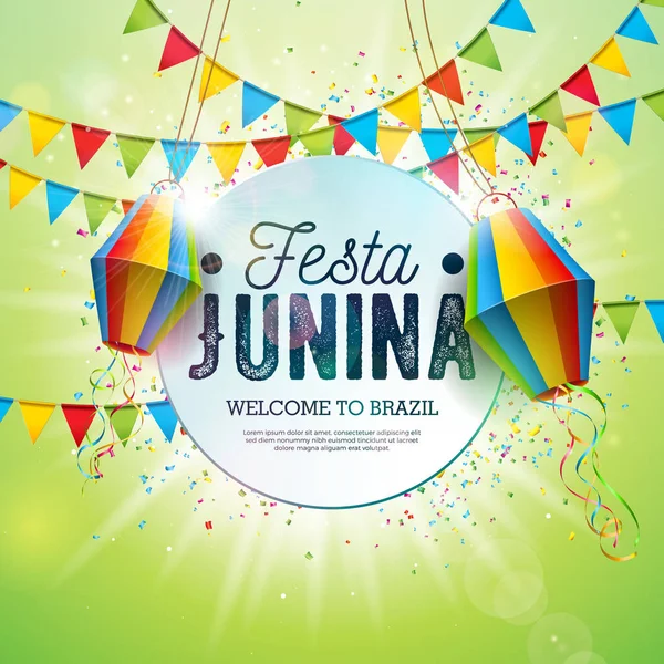 Ilustración de Festa Junina con banderas de fiesta y linterna de papel sobre fondo verde brillante. Vector Brasil Festival de junio Diseño para tarjeta de felicitación, invitación o cartel de vacaciones . — Archivo Imágenes Vectoriales