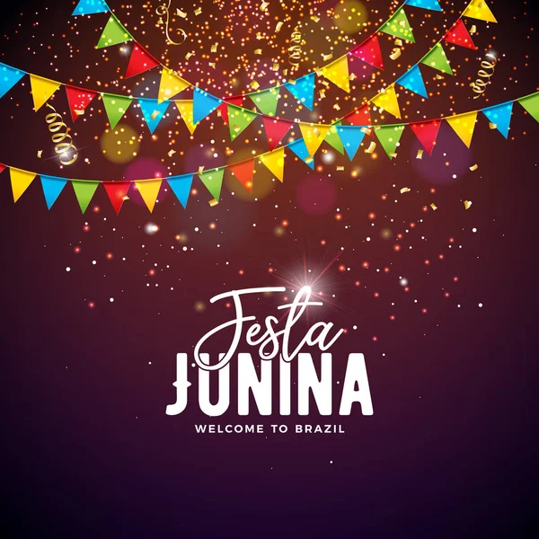 Ilustración de Festa Junina con banderas del partido y tipografía Carta sobre antecedentes confeti. Vector Brasil Junio Festival Diseño para Invitación o Celebración Navideña Cartel . — Archivo Imágenes Vectoriales