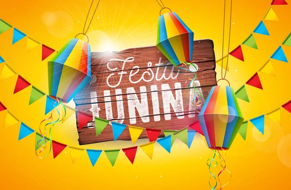 Festa Junina Vintage Ahşap Kurulu Tipografi Mektubu ile Geleneksel Brezilya Haziran Festivali Tasarım. Banner için Sarı Arka Plan üzerinde Parti Bayrakları ve Kağıt Fener ile Vektör Kutlama İllüstrasyon