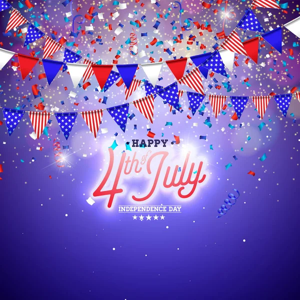 4 luglio Giorno dell'indipendenza dell'Illustrazione vettoriale degli Stati Uniti. 4 luglio - Festa Nazionale Americana Design con Bandiera e Stelle su sfondo blu e bianco Confetti per Banner, Biglietto di auguri — Vettoriale Stock