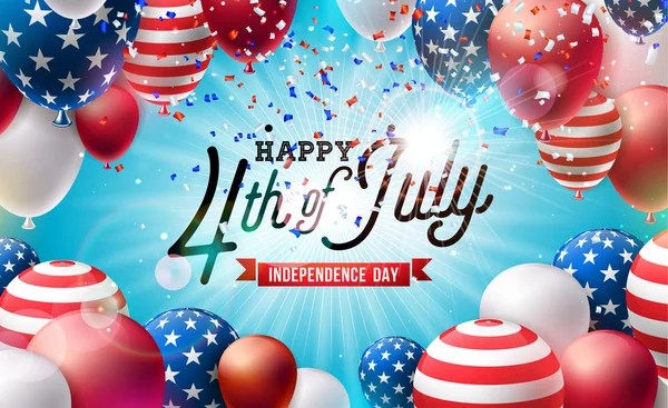 4 luglio Giorno dell'indipendenza dell'Illustrazione vettoriale degli Stati Uniti. 4 luglio American National Celebration Design con palloncino colorato e lettera tipografica su Falling Confetti Background per — Vettoriale Stock