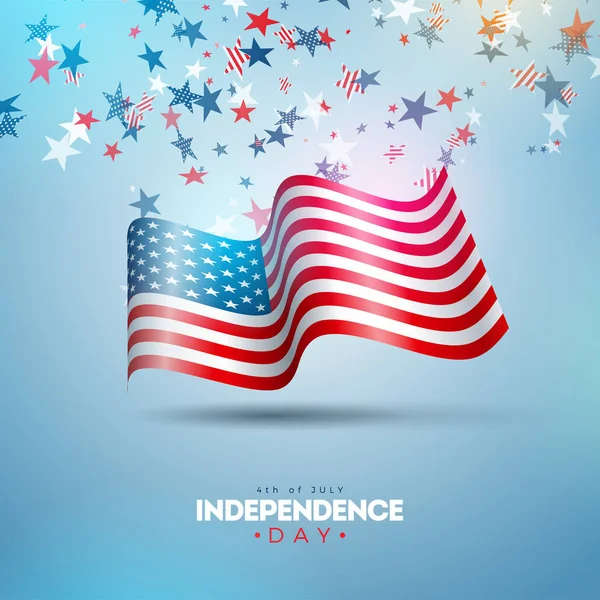 4 de julio Día de la Independencia de los Estados Unidos Vector Illustration. Diseño nacional americano de la celebración del cuatro de julio con la bandera y las estrellas en fondo azul y blanco del confeti para la bandera, tarjeta de felicitación — Vector de stock