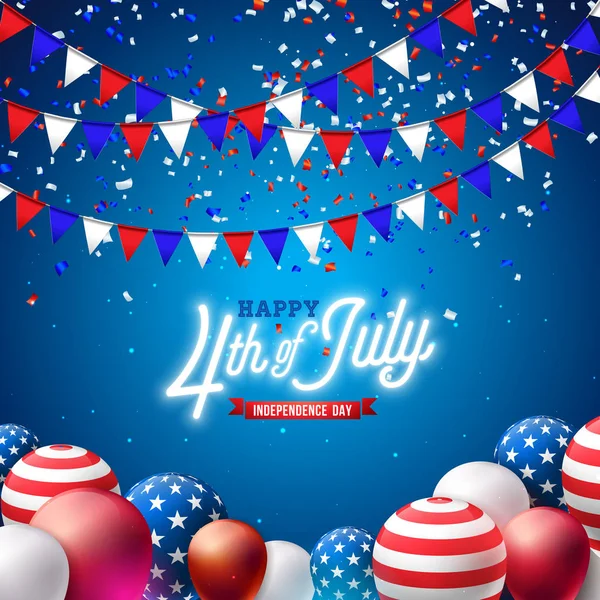 4th of July Independence Day of the USA Vector Illustration. Fourth of July American national Celebration Design with Flag and Stars on Blue and White Confetti Background for Banner, Greeting Card — Stock Vector