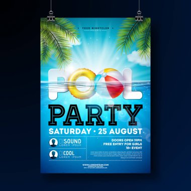 Su, plaj topu ve mavi okyanus manzara arka plan üzerinde yüzer ile Yaz havuzu parti poster tasarım şablonu. Afiş, el ilanı, davetiye, poster için vektör tatil illüstrasyon.