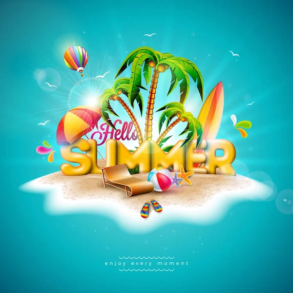 Vektor Hello Summer Holiday illustration med 3D Typografi brev på Ocean blå bakgrund. Tropiska växter, blomma, Beach Ball, luftballong, surfa ombord och solskydd för banner, Flyer, inbjudan — Stock vektor