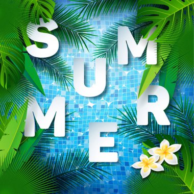Karo havuz arka plan tasarım şablonu su tropikal bitkiler ve palmiye yaprakları zekâ. Afiş, el ilanı, davetiye, broşür, poster veya tebrik kartı için yaz illüstrasyon.